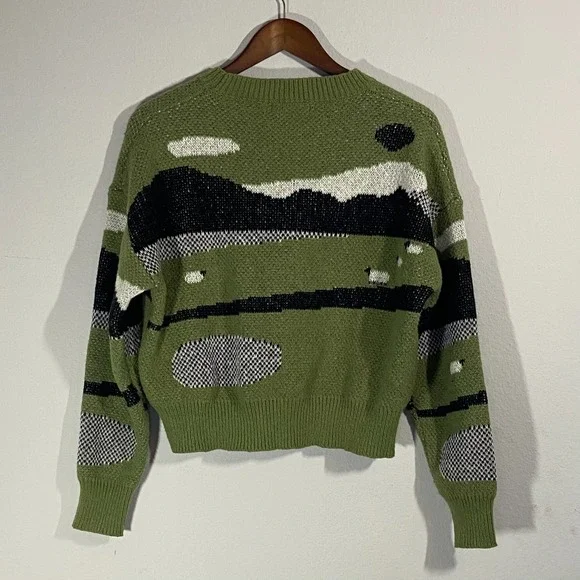Shein Women's Abstract Graphic Print Sweater Sz L Military Green Casual Cute - Picture 2 of 7